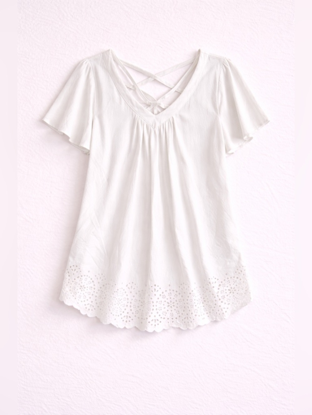 Chenault White Eyelet Blouse XL Flutter Sleeve Boho Crisscross Back